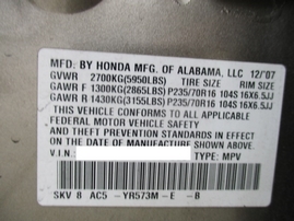 2008 HONDA PILOT EX-L BROWN 3.5L AT 4WD A17529